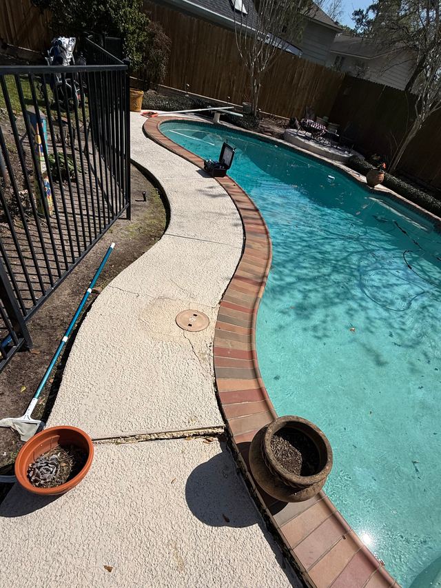 Before: curved pool with brick coping and leaves floating in the water